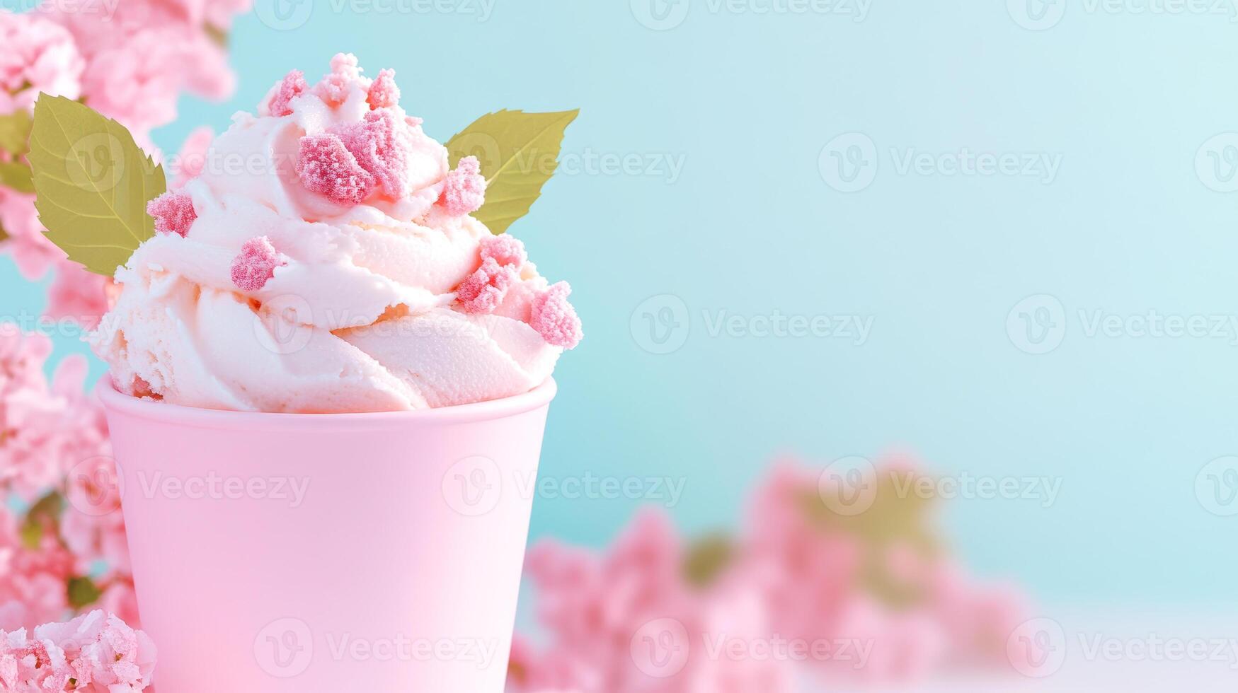 Delicious pink ice cream with floral decoration in a pastel cup against a light blue background photo