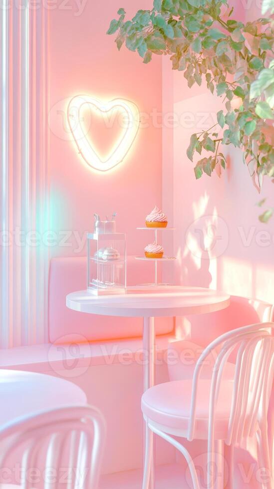 Cozy cafe corner with neon heart light and cupcakes on display in pastel pink ambiance photo