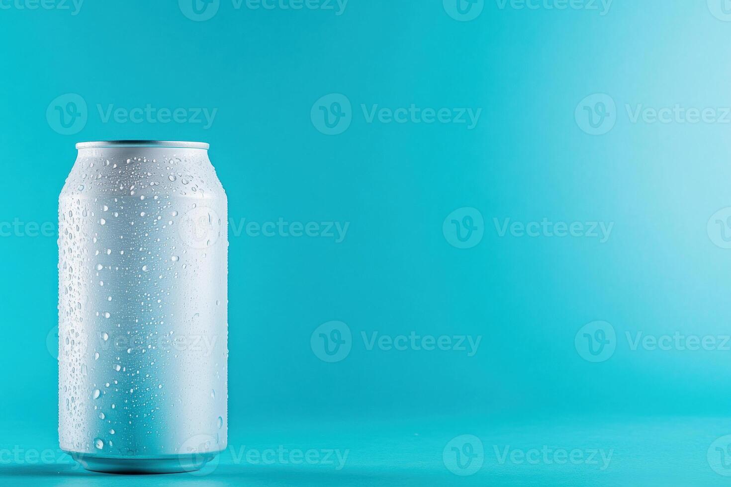 Refreshing cold beverage can with water droplets on vibrant blue background minimalist concept photo
