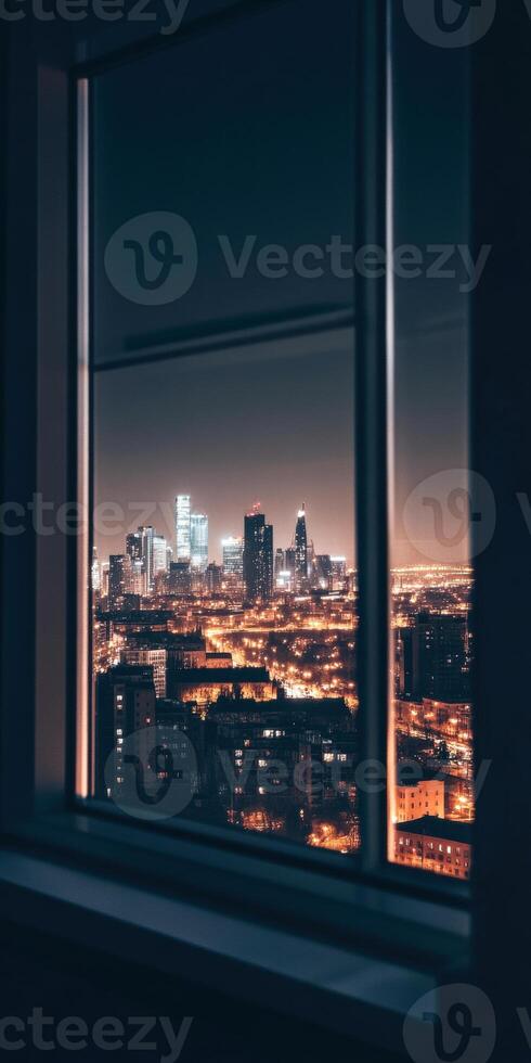 Nighttime urban cityscape view through window with illuminated skyline architecture photo