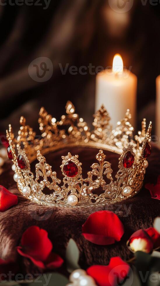Ornate golden crown adorned with red gemstones surrounded by candlelight and rose petals, creating an opulent and regal atmosphere photo