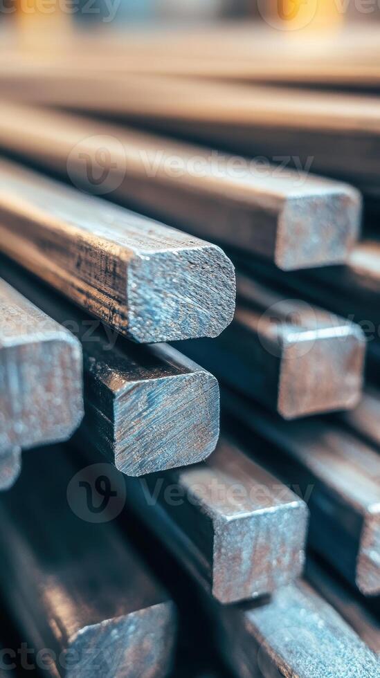 Pile of metal rods with textured surfaces in industrial setting showcasing manufacturing materials photo