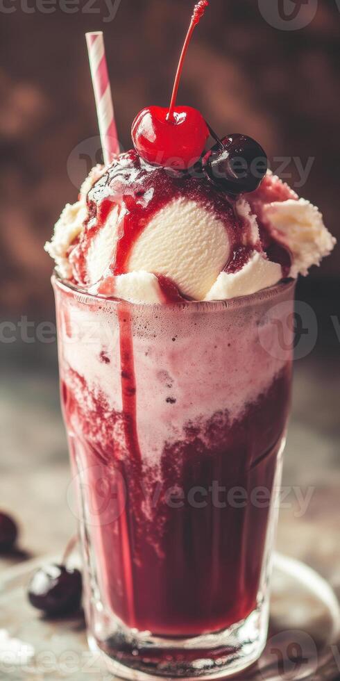 Creamy cherry milkshake with vanilla ice cream, topped with fresh cherries and a straw photo