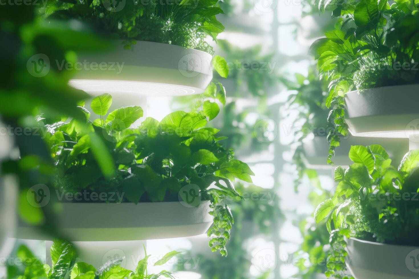 Innovative vertical farming with lush greenery using modern hydroponic systems under soft sunlight photo