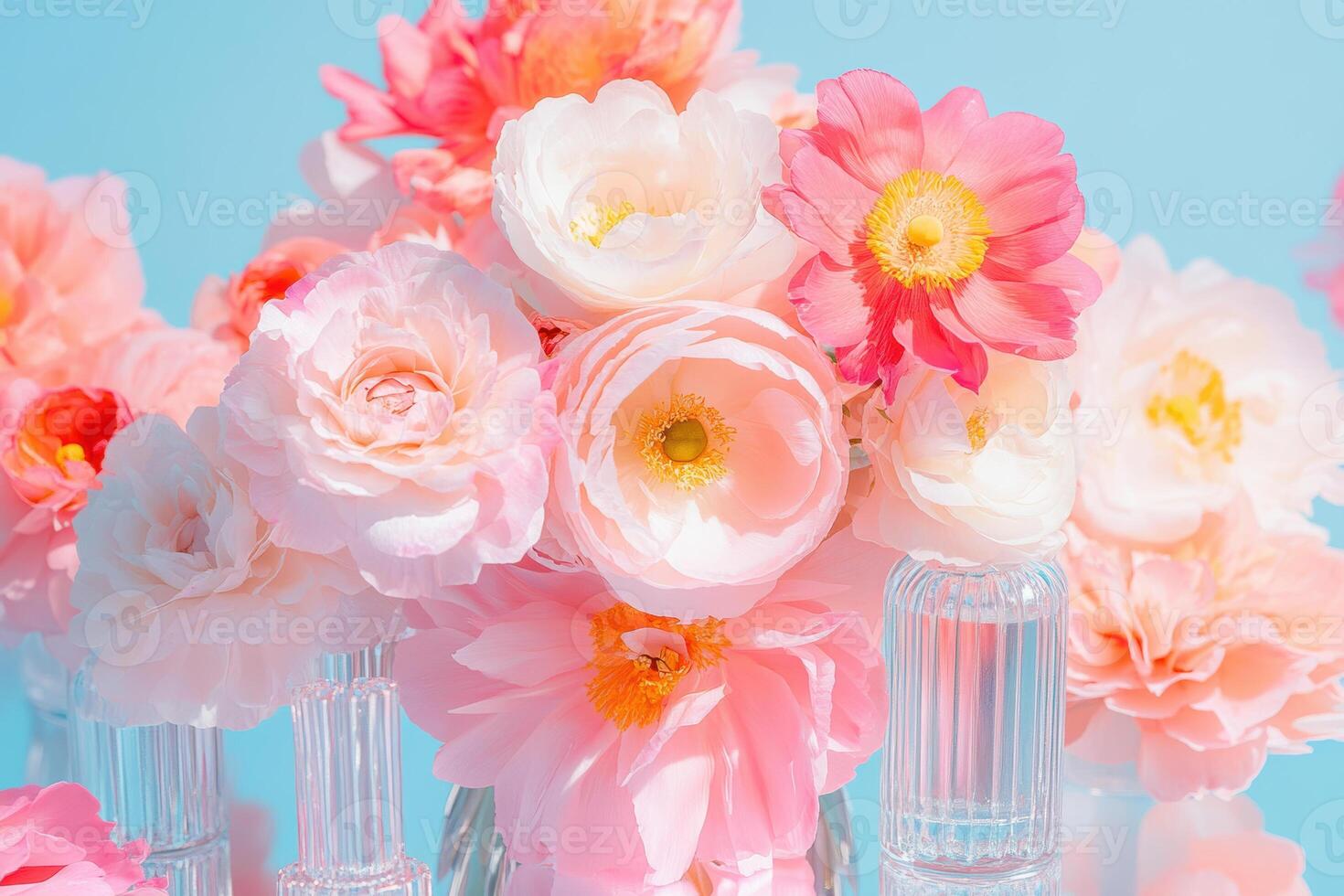 Vibrant pink and white flowers arranged in elegant glass vases against a bright blue background photo