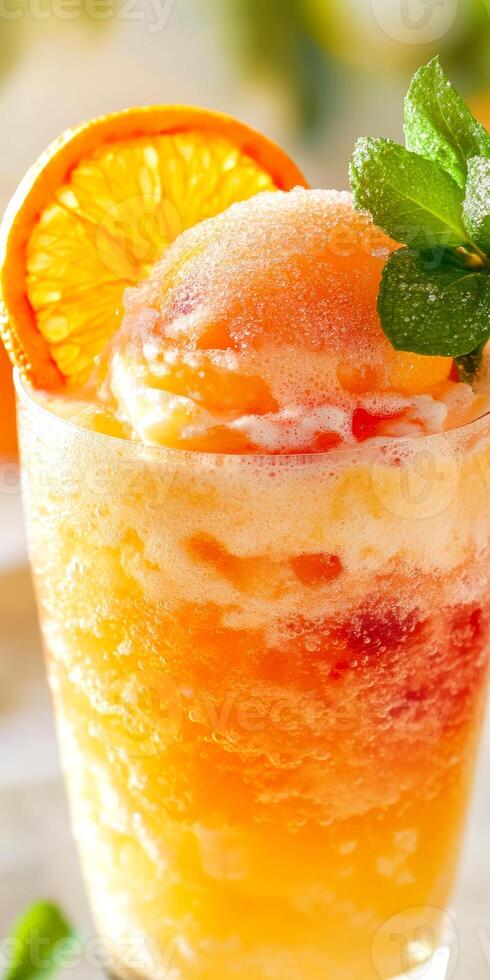 Refreshing citrus sorbet with orange slice and mint in sunlit glass photo