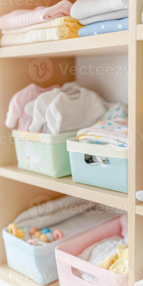 Organized baby clothes in soft pastel bins on wooden shelves for efficient nursery storage and neat home organization photo