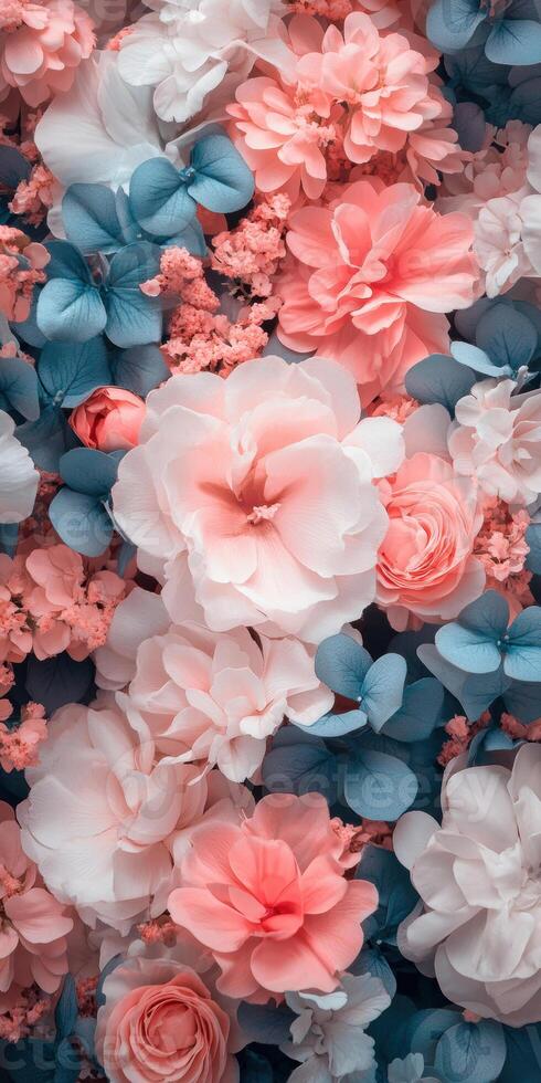 Captivating pastel floral arrangement with pink and blue blossoms romantic botanical composition vibrant texture photo