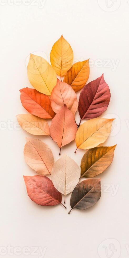 Colorful autumn leaves arranged in a vertical pattern on a light background highlighting nature's beauty photo
