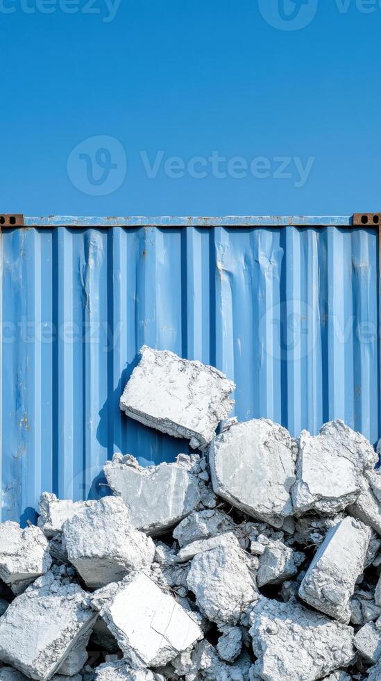 Blue shipping container with rubble against clear sky photo