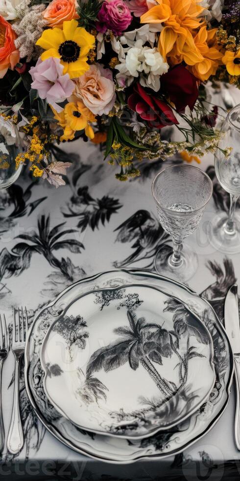 Elegant floral dinner setting with vintage plates and crystal glassware on a patterned tablecloth photo