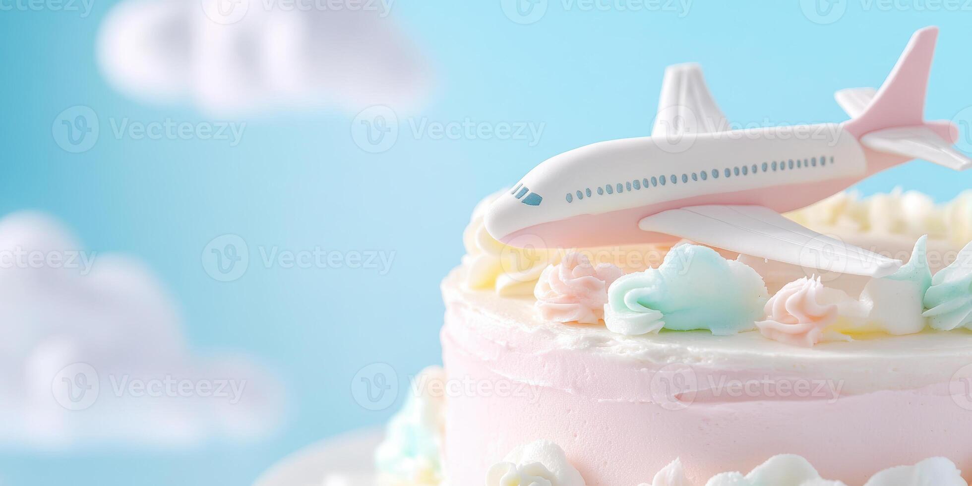 Airplane themed cake with colorful pastel icing under a bright blue sky with fluffy clouds photo