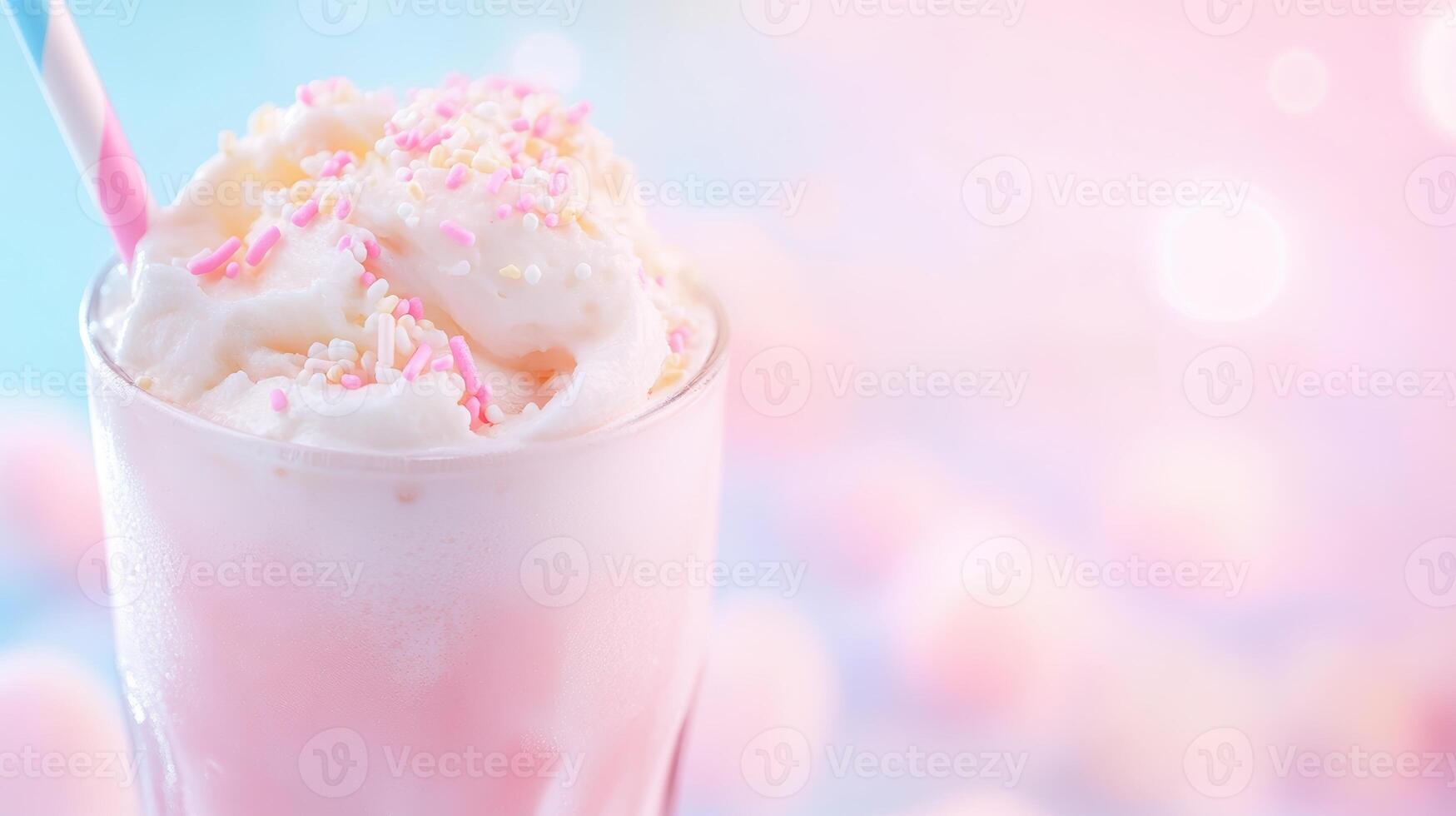 Sweet pink milkshake with whipped cream and colorful sprinkles in a glass against a soft pastel background photo
