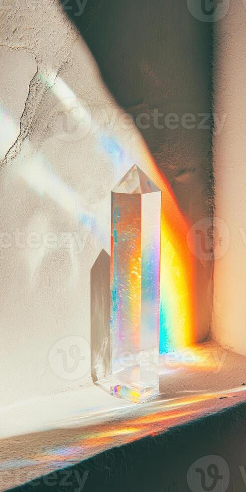 Sunlit crystal prism casting vibrant rainbow spectrum on wall photo