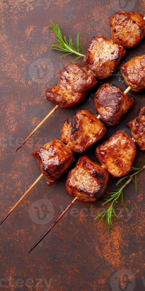 Close up of grilled pork skewers on rustic background with fresh rosemary garnish photo