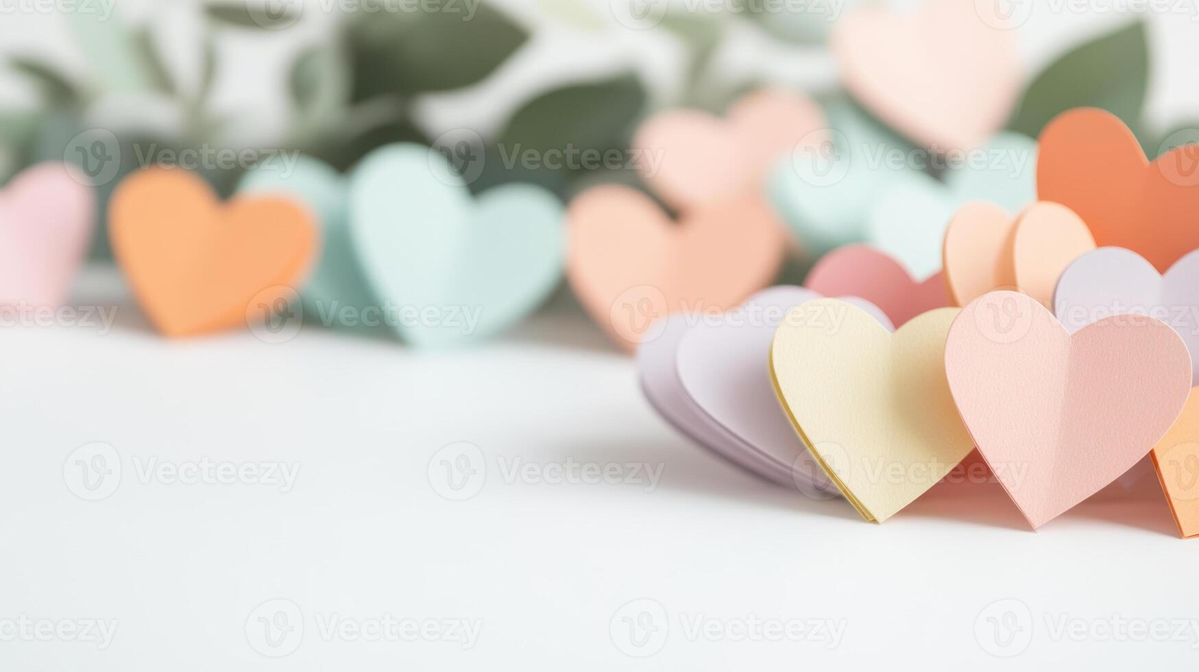 Colorful paper hearts arranged on a soft surface with blurred greenery in the background creating a romantic and peaceful ambiance photo