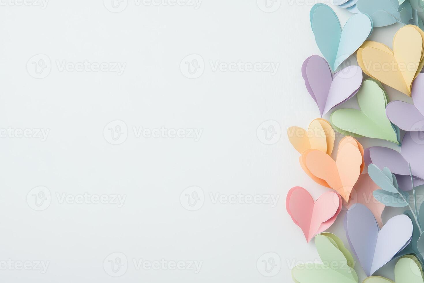 Colorful paper hearts arranged on white background, showcasing creative art design and pastel aesthetics photo