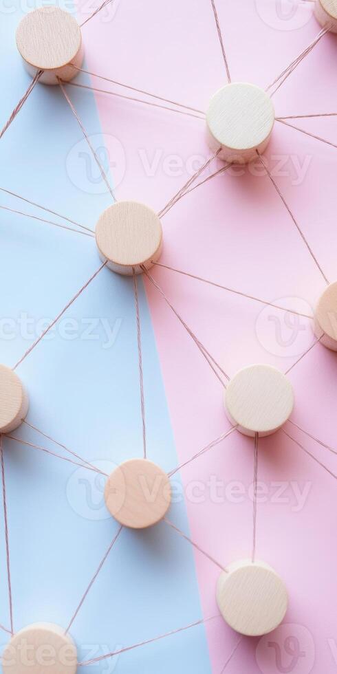 Minimalist pink and blue background with wooden circles connected by strings showcasing abstract network concept photo