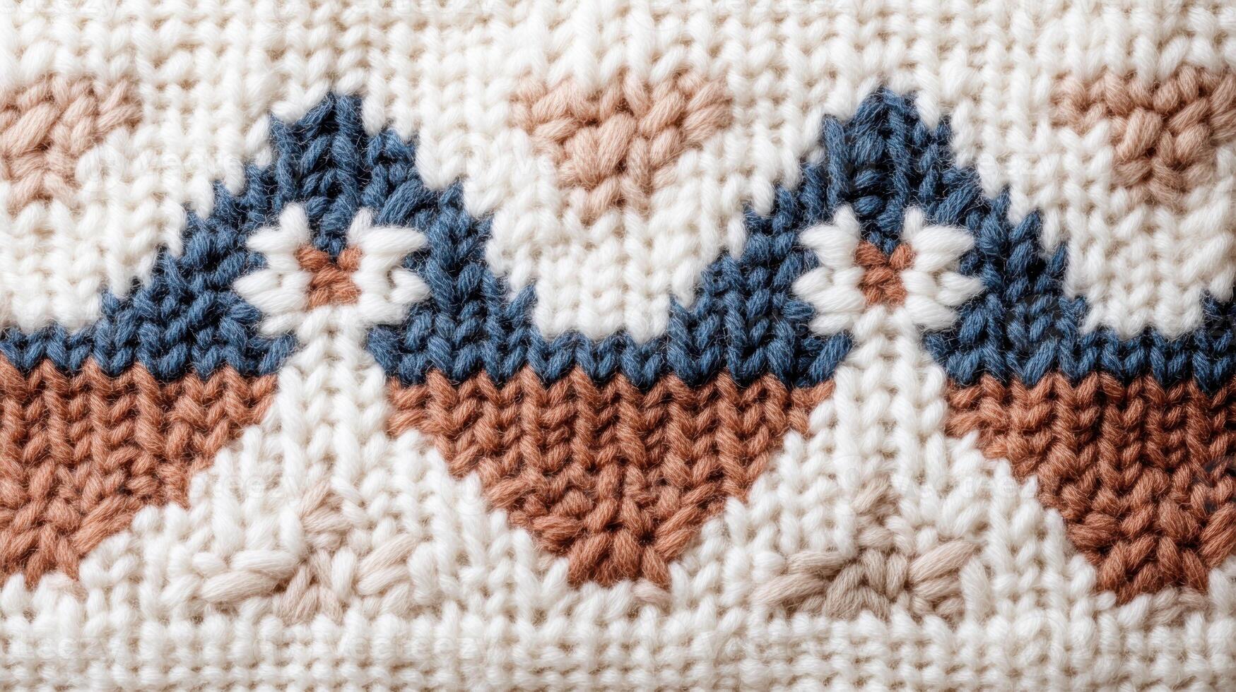 Geometric knitted pattern with blue and brown accents on textured fabric photo