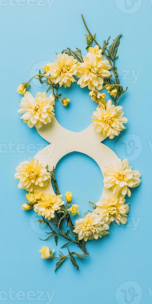 Floral number eight design with yellow chrysanthemums on blue background for creative decor and artistic projects photo