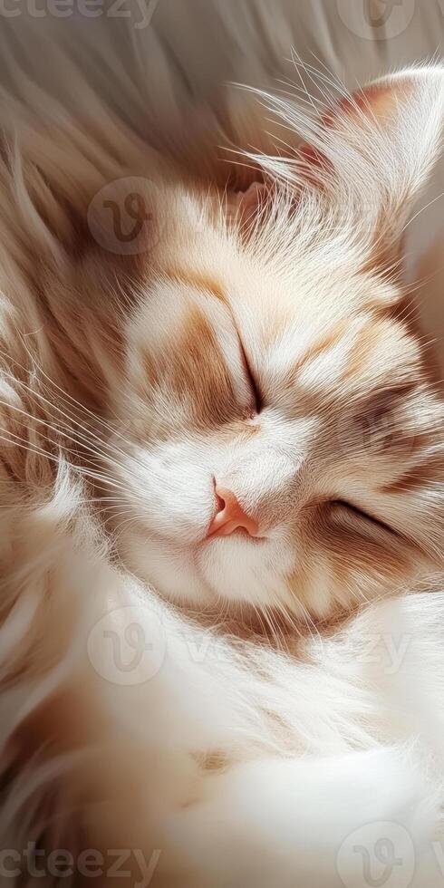 Fluffy orange kitten sleeping peacefully in a cozy blanket photo
