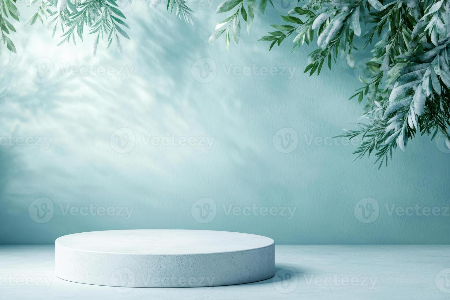 Minimalist white circular platform with green foliage shadows in a soft aqua setting photo