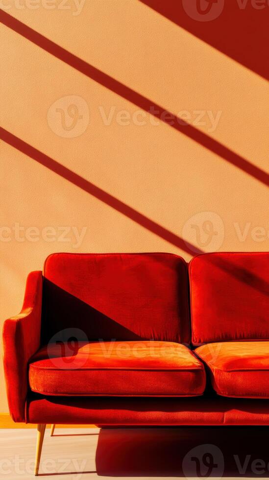Modern red sofa in sunlit room with bold shadows on peach wall creating a striking geometric pattern photo