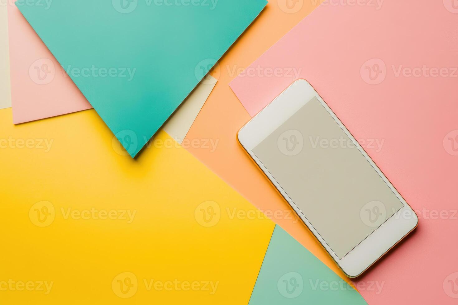 Smartphone on vibrant geometric background with pastel abstract shapes photo
