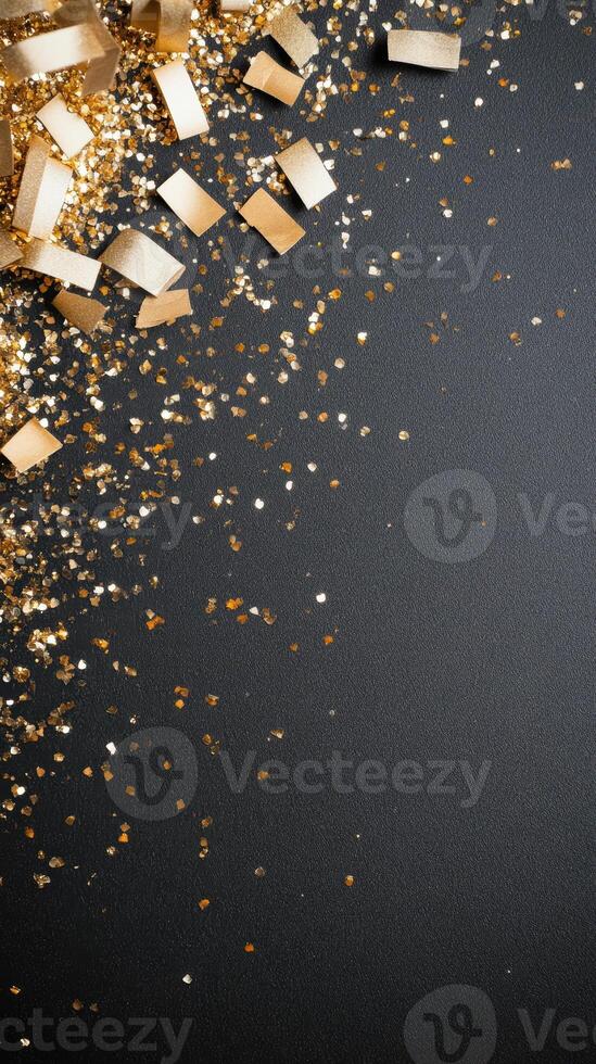 Elegant gold and black background with sparkling glitter and confetti for festive celebrations and luxurious events photo
