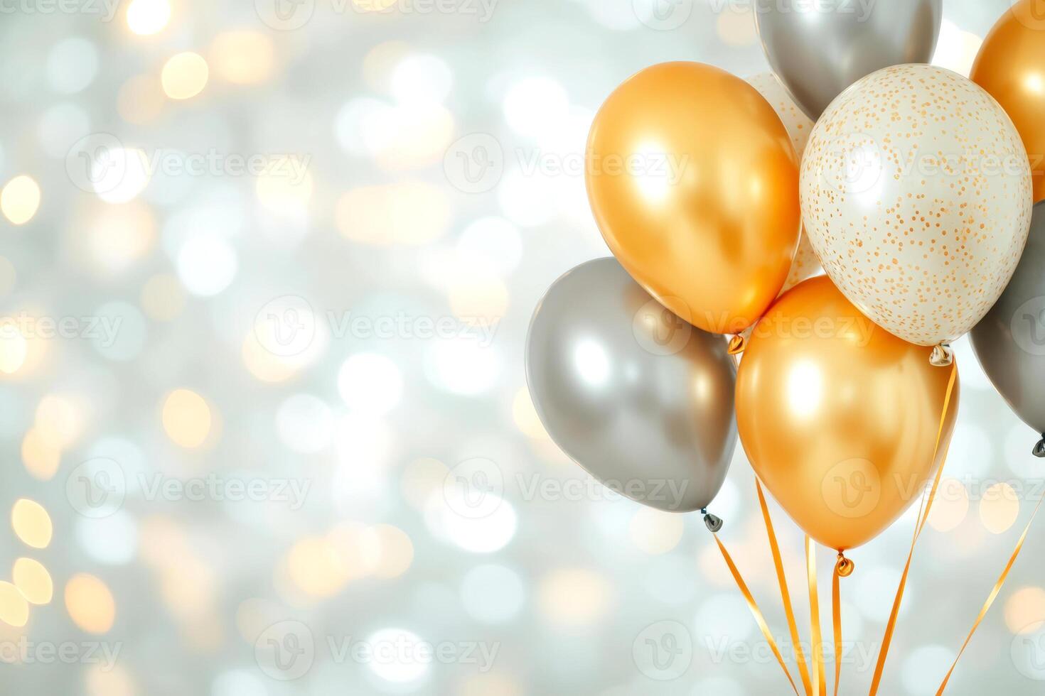 Metallic gold and silver balloons with bokeh lights festive celebration backdrop photo