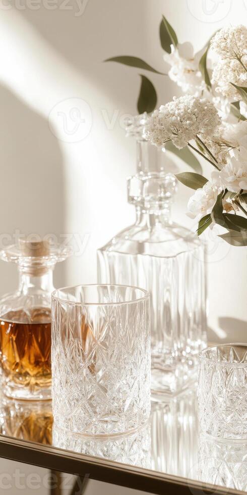 Elegant crystal glassware with whiskey and white flowers in sunlit setting photo