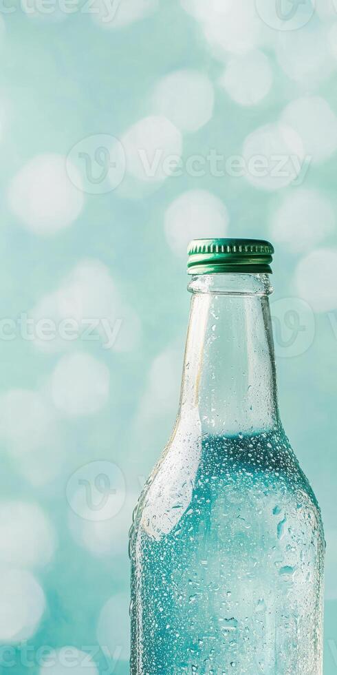 Refreshing glass bottle with water droplets and blue bokeh background photo