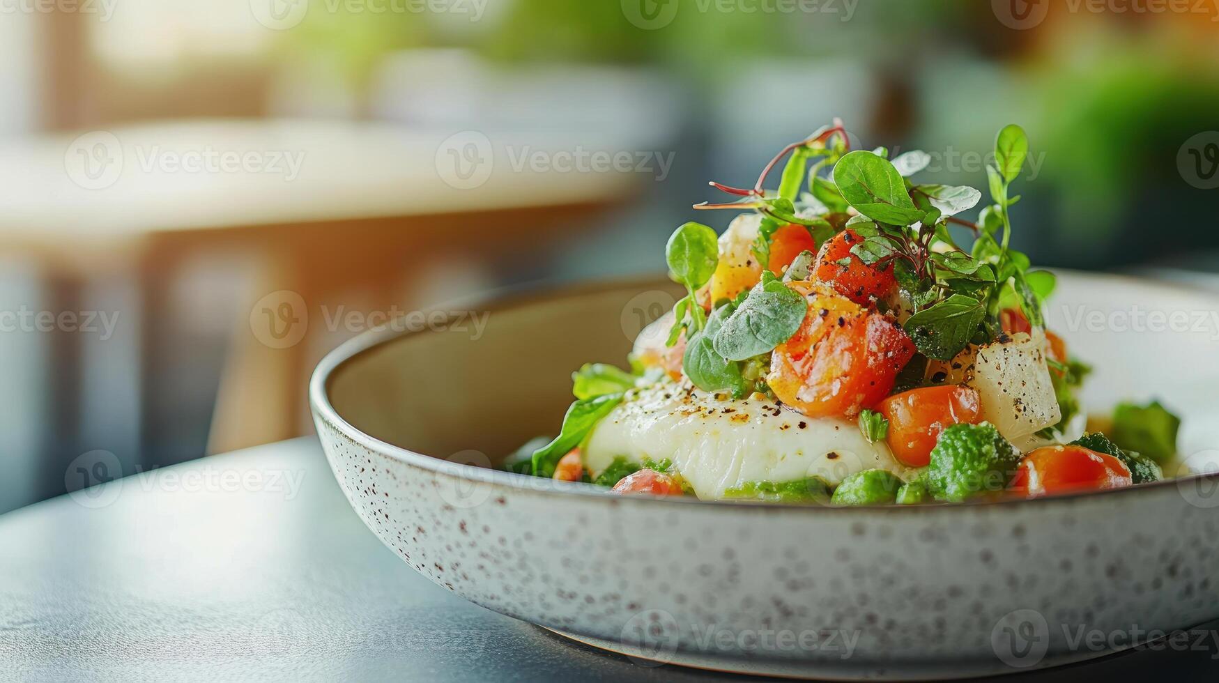Fresh gourmet salad with grilled vegetables and herbs in a rustic bowl on a sunlit table photo