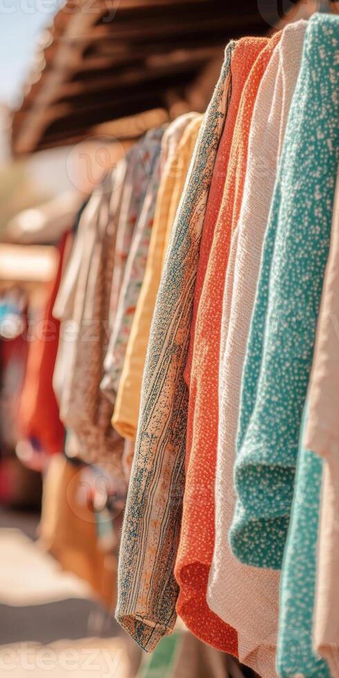 Colorful display of hanging textiles in sunlit outdoor market photo