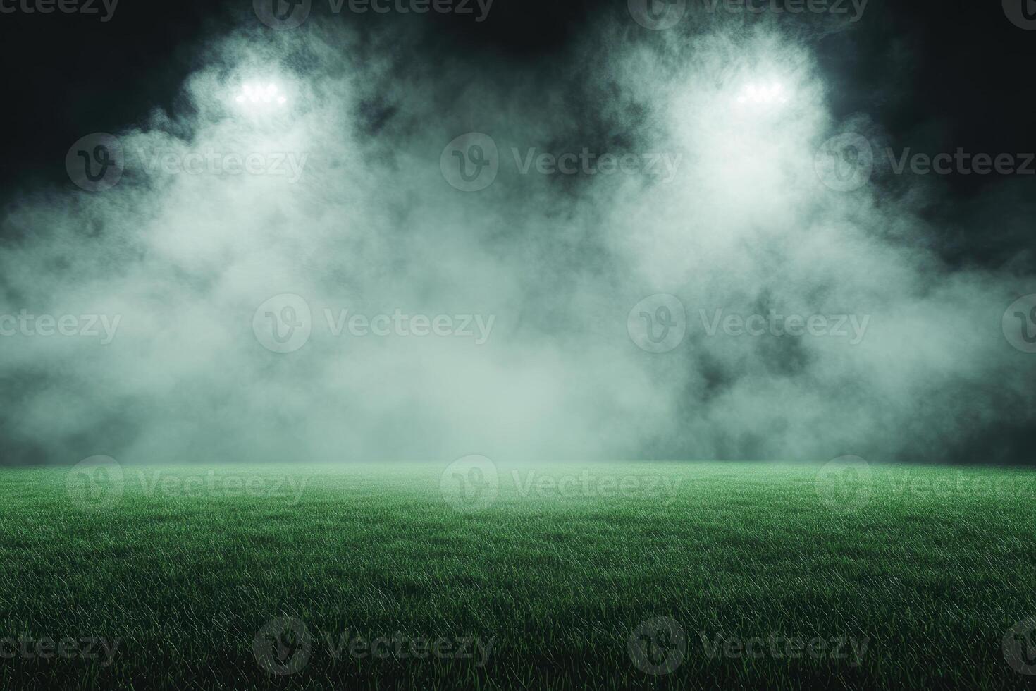 Atmospheric green grass field with bright stadium lights and heavy mist, creating a captivating sports or concert setting photo