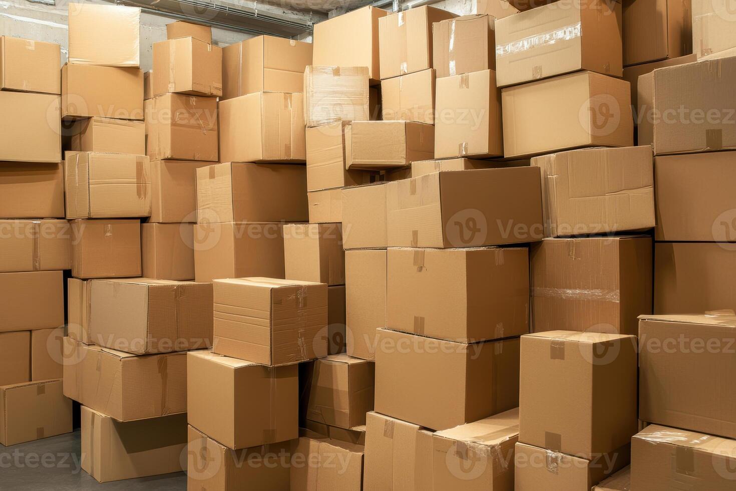 Stacked cardboard boxes in a storage room for packaging and shipping logistics concept photo