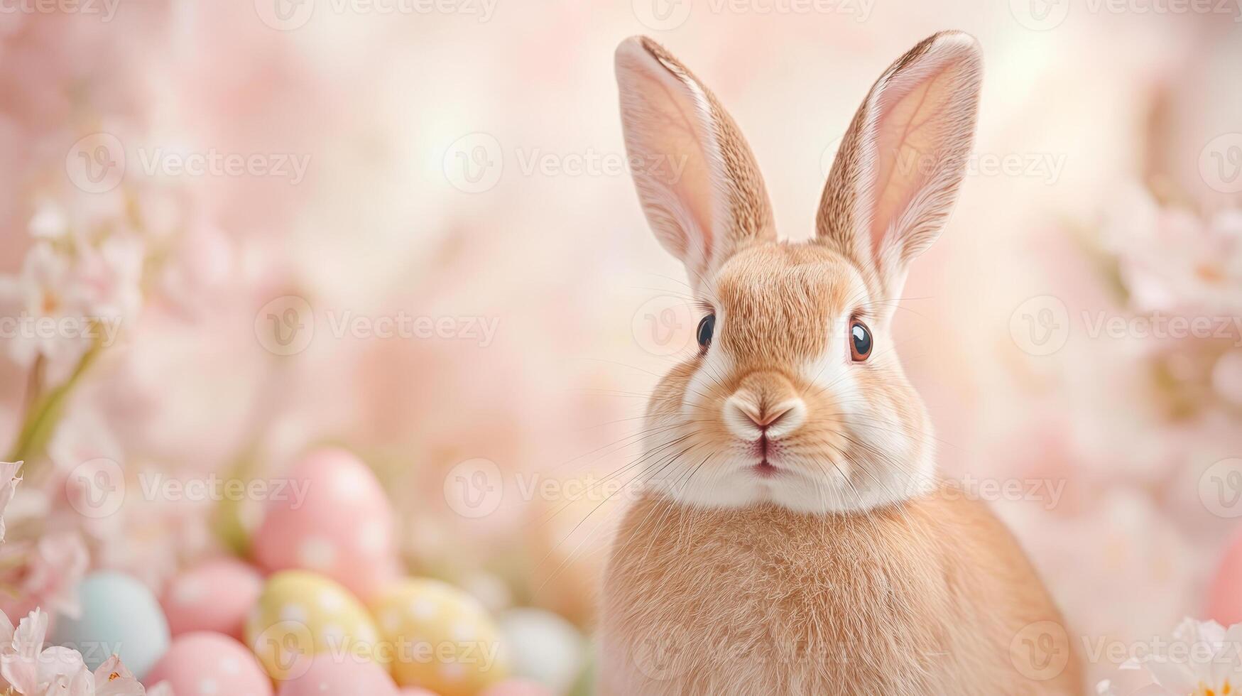 Adorable rabbit in spring setting with pastel easter eggs and cherry blossoms creating a whimsical atmosphere photo