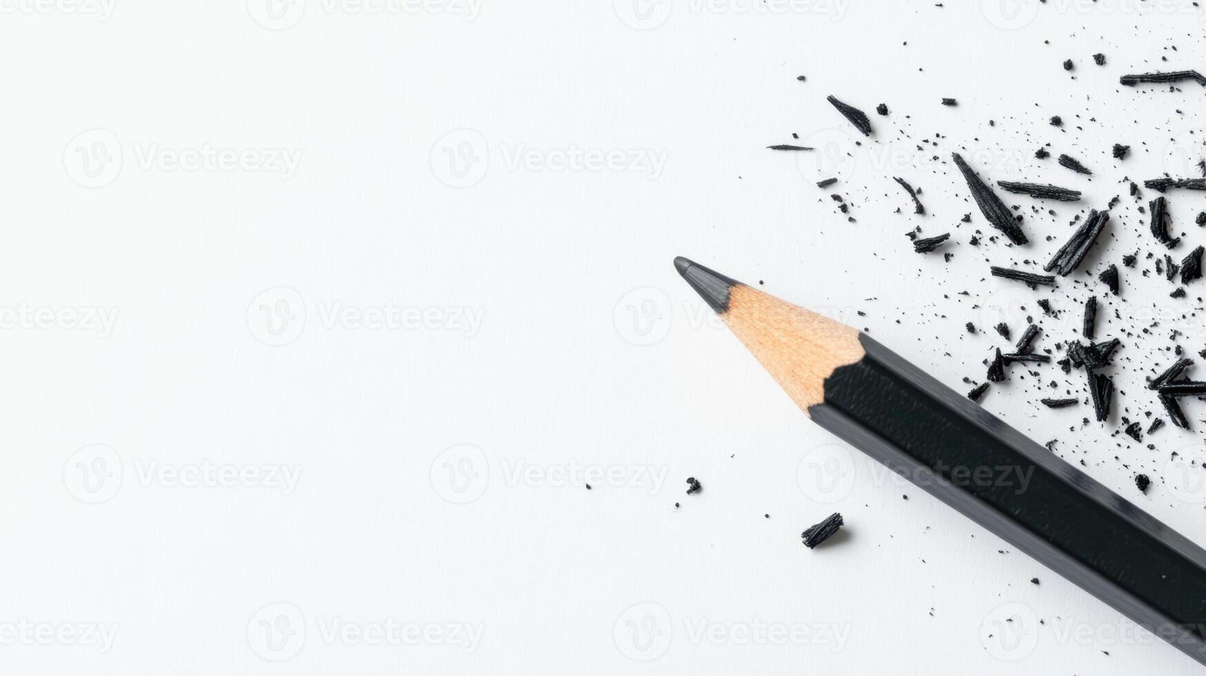 Black pencil and shavings on white background showcasing art tools and creativity preparation photo