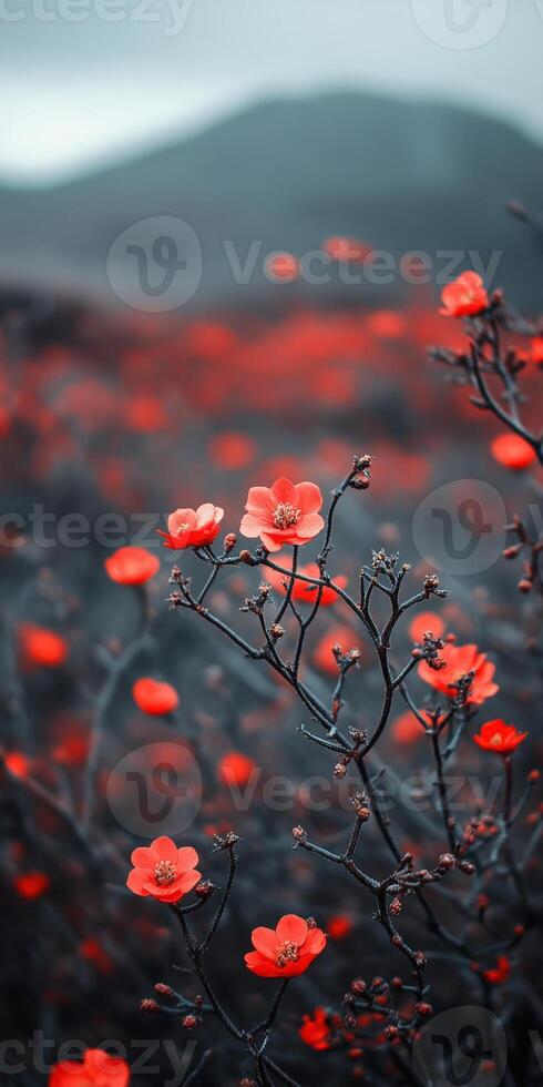 Vibrant red blossoms against blurred mountain backdrop in serene natural landscape photo