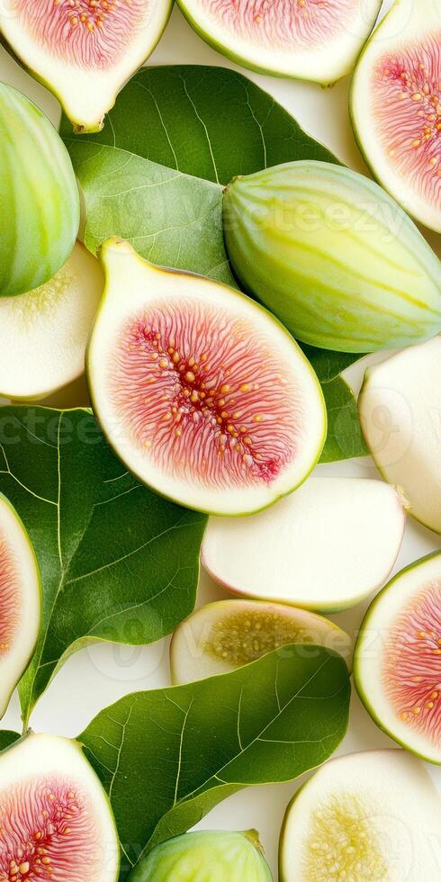 Fresh sliced green figs with leaves creating vibrant natural pattern in flat lay food concept photo