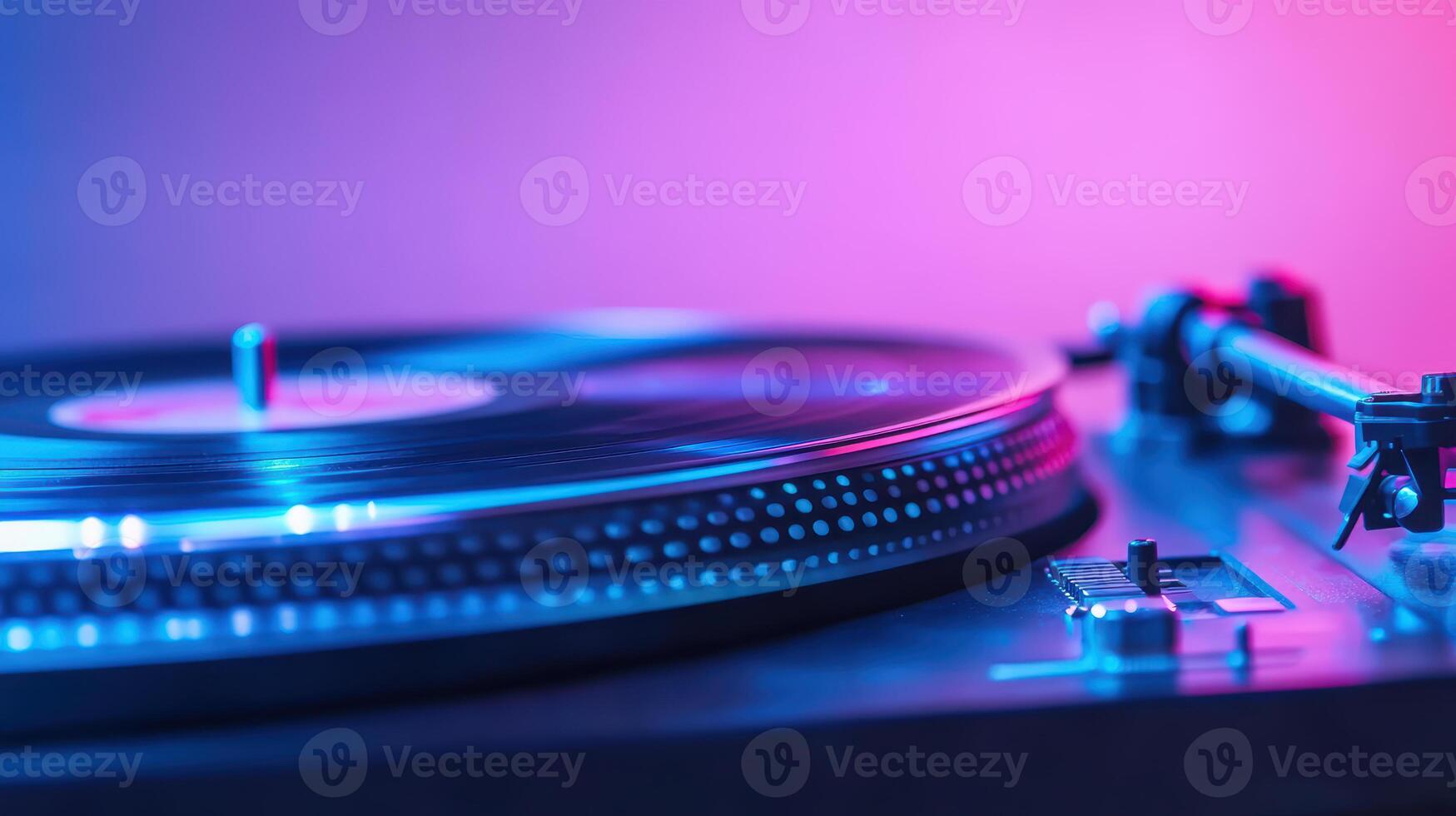 Vinyl record spinning on turntable in vibrant neon lighting, capturing nostalgic atmosphere of classic music era photo