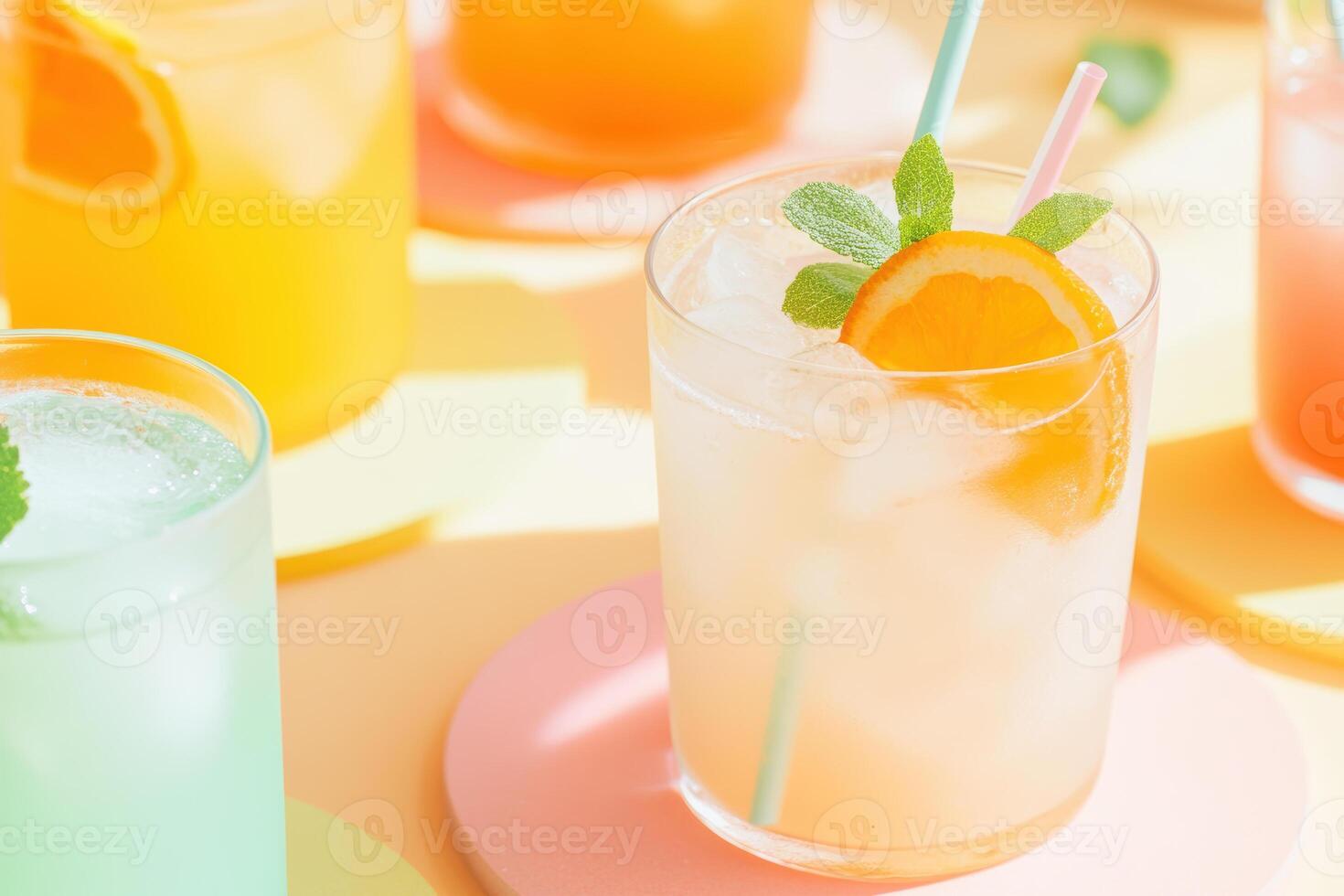 Refreshing citrus beverages with ice and slices of orange on a sunny day photo