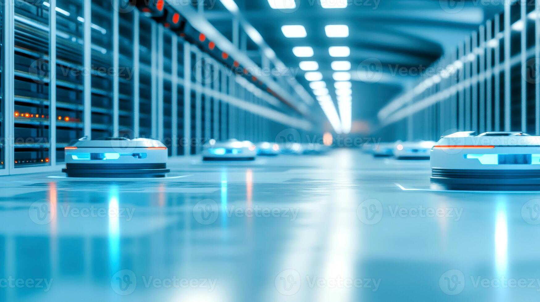 Futuristic automated robots working in modern high tech server room digital technology innovation concept photo