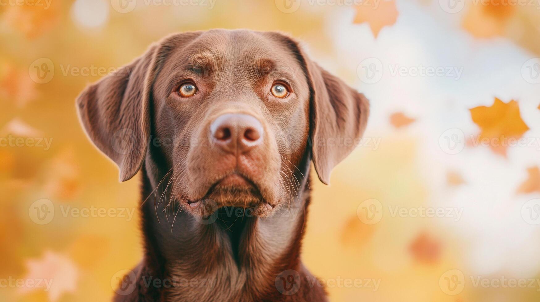 Curious chocolate Labrador dog with autumn leaves falling, portrait with soft focus and warm tones photo