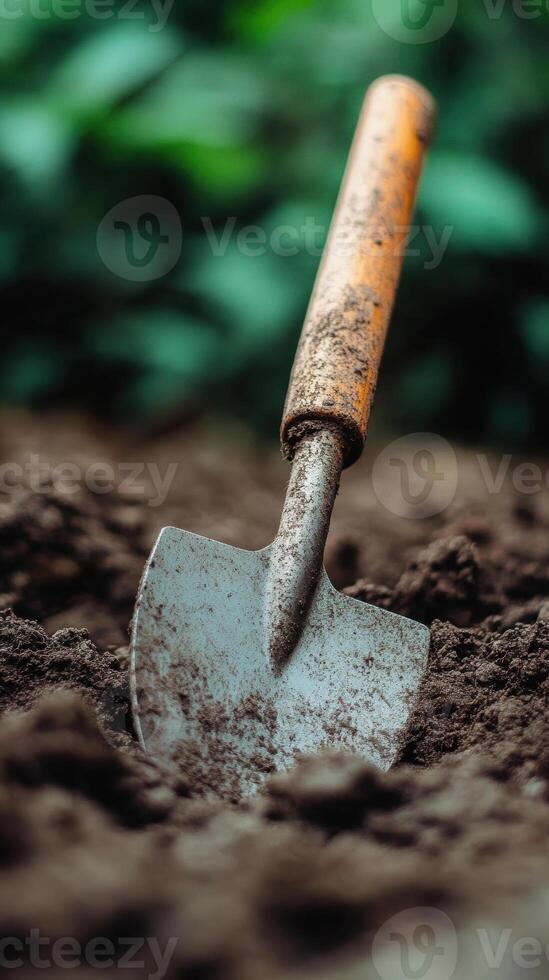 Garden shovel digging into rich, dark soil amidst vibrant green foliage, embodying growth and nurturing the earth photo