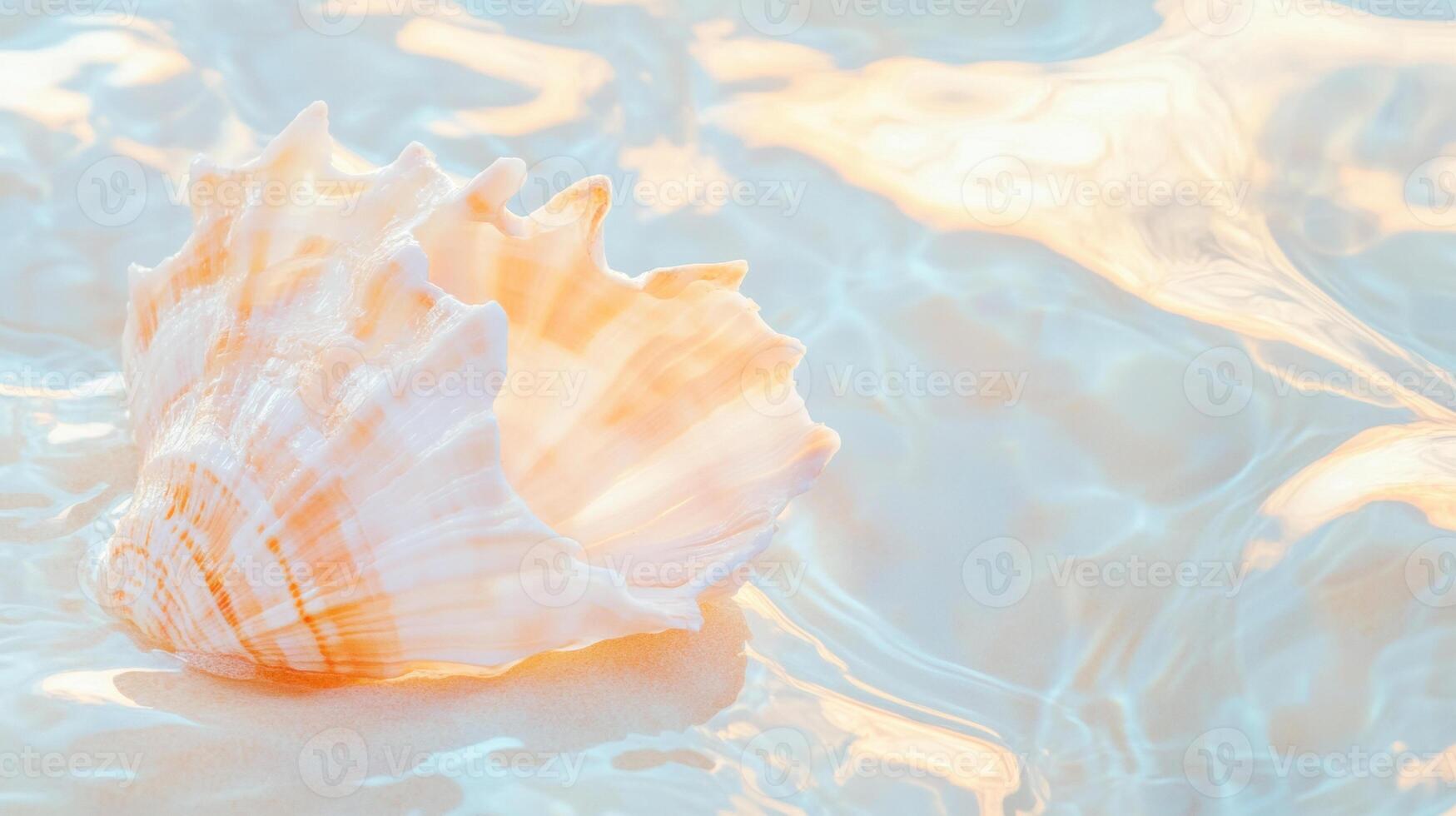 Seashell resting on sunlit rippling water reflecting tranquil beach atmosphere photo