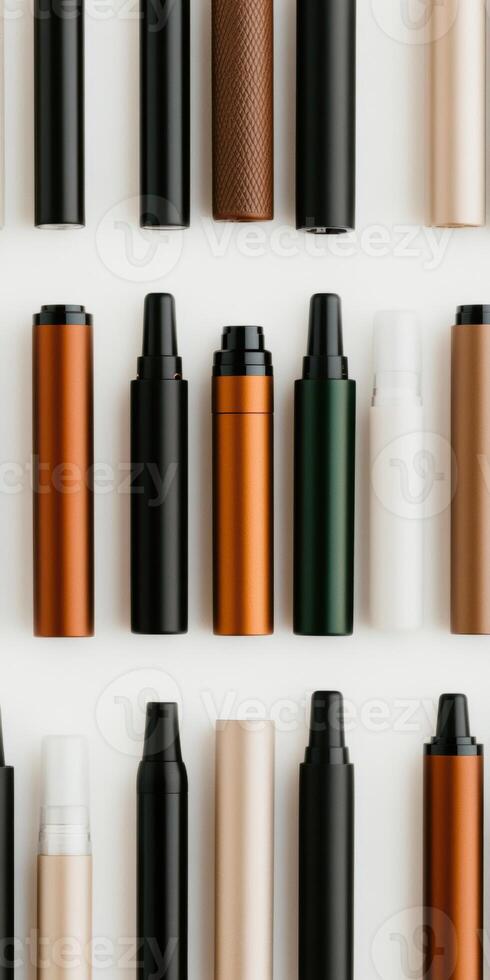 Assorted sleek vape pens arranged in rows against a minimalist white background photo