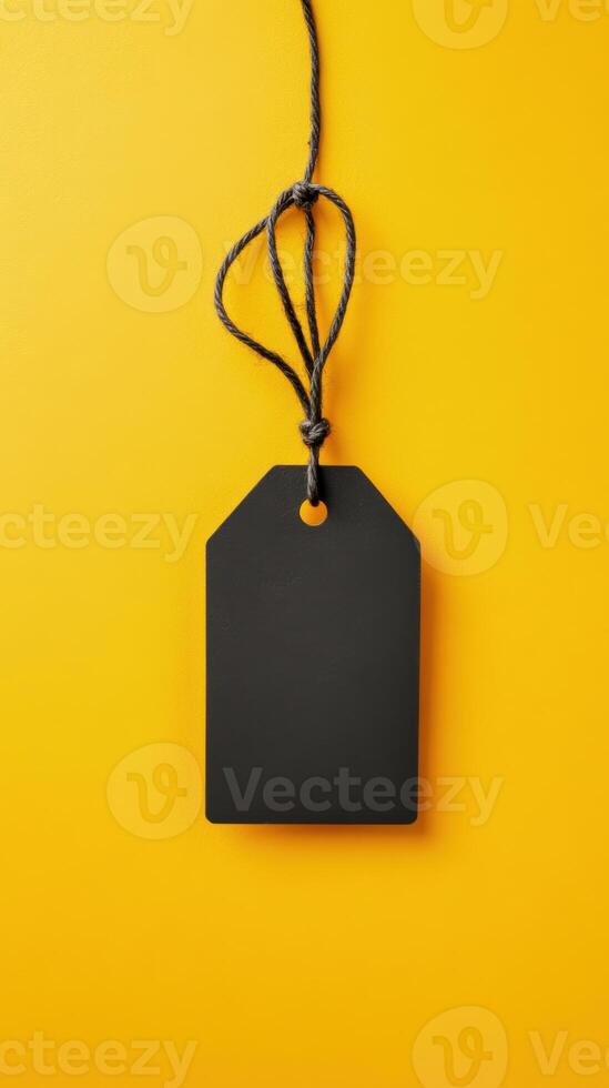 Blank black tag on bright yellow background with twine looping through photo