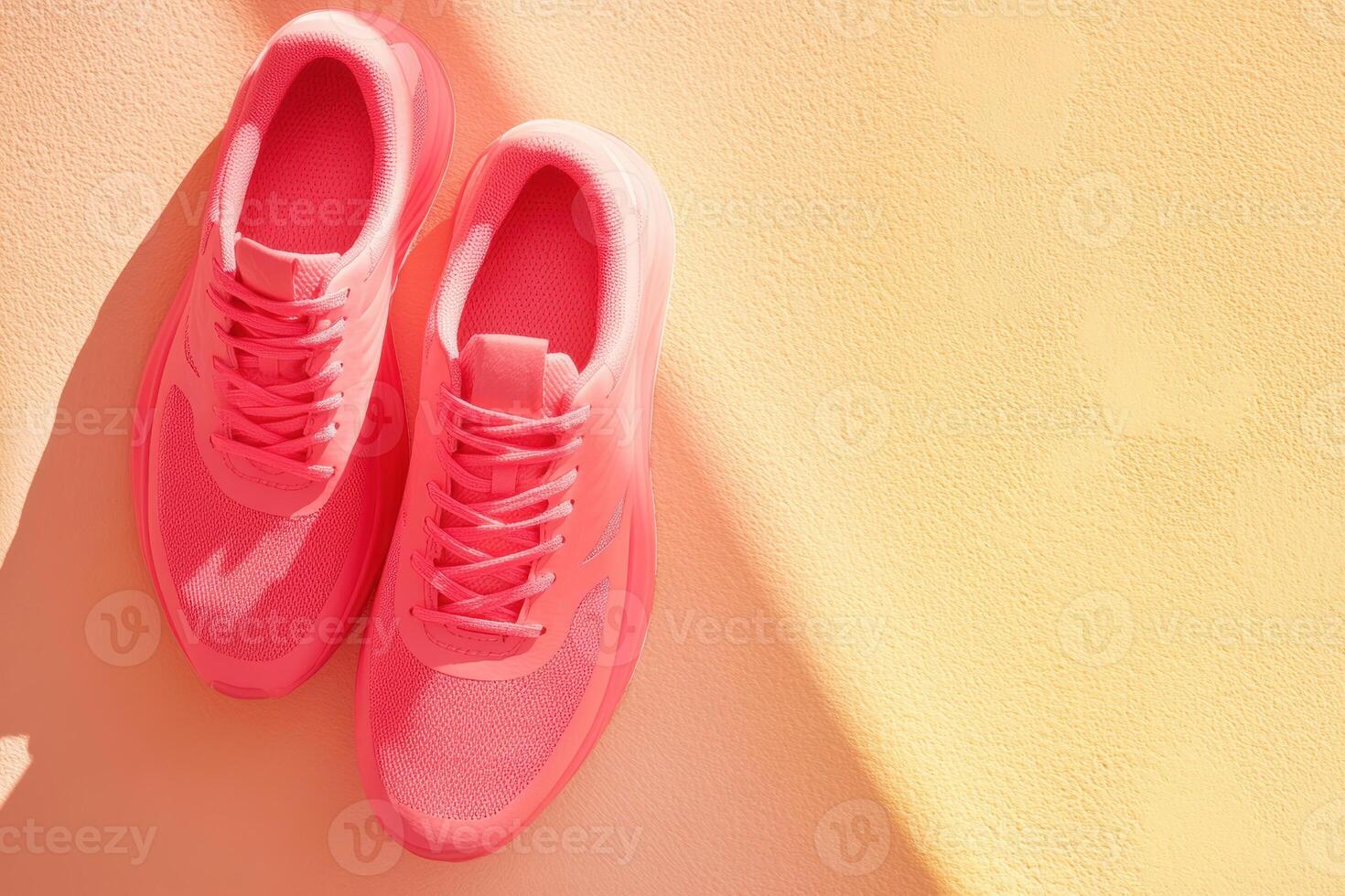Bright pink running shoes on textured surface illuminated by soft sunlight photo