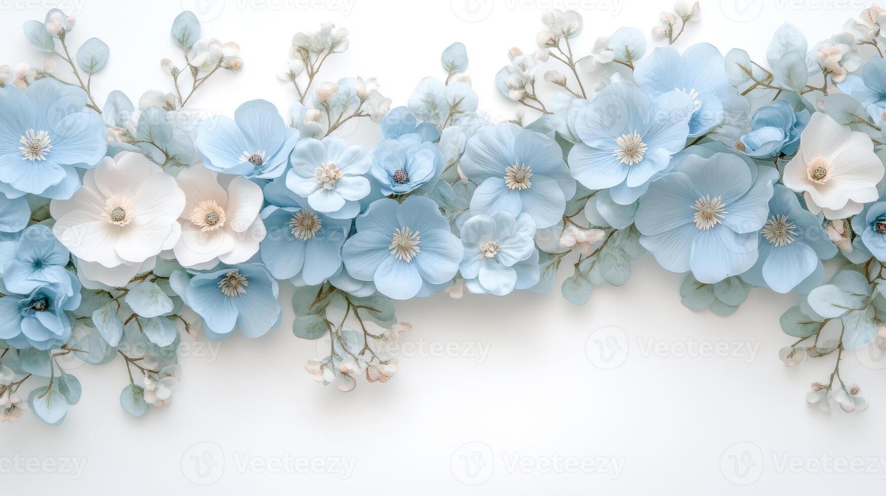 Elegant arrangement of blue and white paper flowers on white background creating a serene floral composition photo